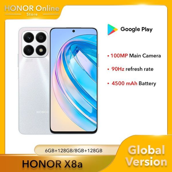 Huawei Global Version Honor x8a Смартфон 100 -мегапиксельный тройной камеры 2388*1080 6,7 дюйма отображайте MediaTek Helio G88 8GB 128GB мобильный телефон