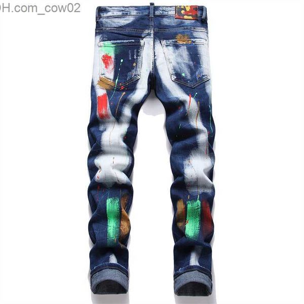 Jeans masculino Jeans masculino roupas de rua rasgadas Calças jeans marca de tendência masculina Calças casuais bicicletas sólidas furos danificados ajuste fino moda Z230712