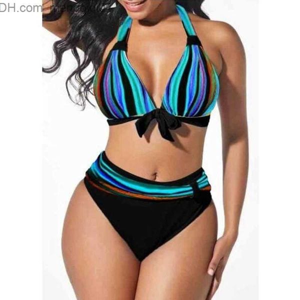 Damen-Bademode S-5XL, große Größe, Neonstreifen-Bikini-Anzug, Push-up-Damen-Strand-Badeanzug mit hoher Taille und Hosenträger, Vintage-Bogen-Badeanzug Z230712