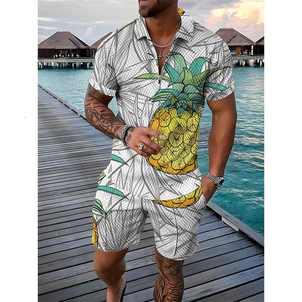 Tute da uomo Tuta da uomo Fruit Ananas Pawpaw Stampa 3D Manica corta Polo con cerniera Pantaloncini Set 2 pezzi Oversize Streetwear Set Abiti 230710