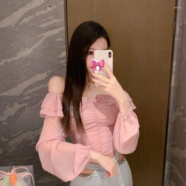 Blusas Femininas 2023 Spring Net Red With The Same Super Sweet Lotus Leaf One Shoulder Foreign Air Bubble Camisa Chiffon Manga Comprida Top Wome