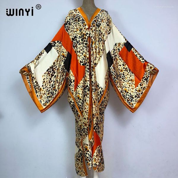 Roupa de banho feminina WINYI Ne'wsummer garfo alto sexy vestido com estampa de leopardo feminino elegante kaftan bohemia manga longa moda feminina praia cover up