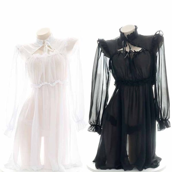 Sexy Set Mode Maid Cosplay Transluzentes Chiffon Nachthemd Set Sexy Halbtransparente Pyjamas Lolita Mädchen Langarm Homewear Outfits 230710