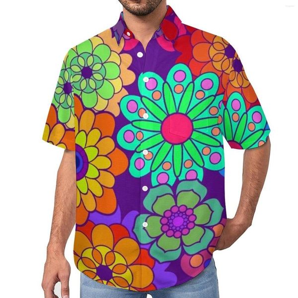 Erkekler Sıradan Gömlekler Renkli Parlak Çiçekler Plaj Gömlek Retro Hippi Çiçek Hawaii Mens Moda Bozları Kısa Kollu Üstler Büyük Boyut