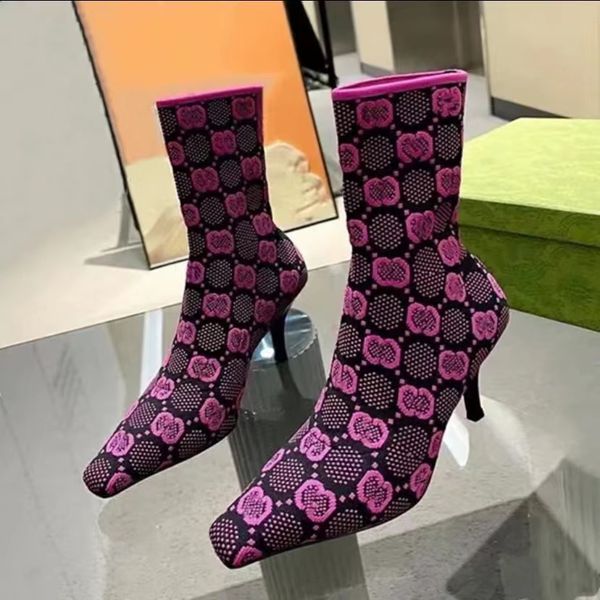 Örme esnekliği ayak bileği botları moda tasarımcısı karışık renkler çorap ayakkabıları streç bagaj yarı stiletto ganimet en iyi kalite 7.5 cm yüksek