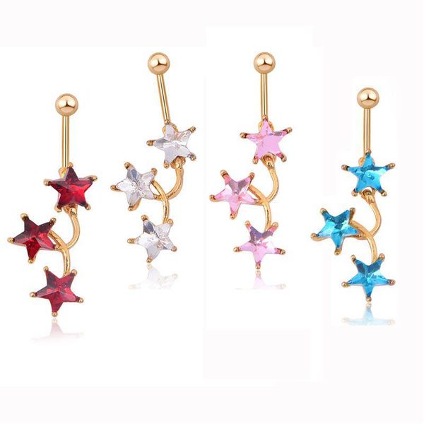 Navel Bell Button Rings Y Star Colore rosso Wasit Belly Dance Crystal Body Jewelry Acciaio inossidabile Strass Piercing Ciondola per Dro Dhet1