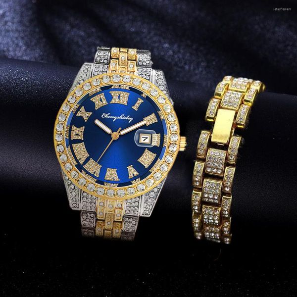 Нарученные часы 2pcs Полные часы для часов Mens Bracelet Bracelet Watch Jewelry для мужчин Золото -хип -хоп подарки подарки