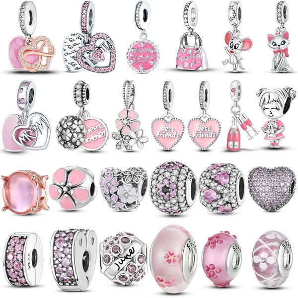 925 Silber für Pandora-Charm, rosafarbene Serie, unendliche Liebe, Mutter, Herz-zu-Herz-Perlen, baumelnde Mode-Charms-Set, Anhänger, DIY feiner Perlenschmuck