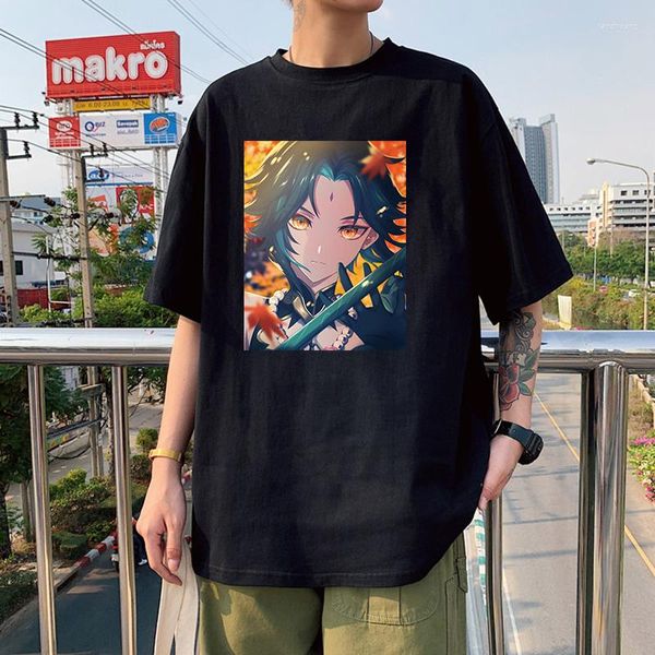 Camisetas masculinas Harajuku Genshin Impact Xiao Cool T-Shirt Summer Streetwear Kawaii Cartoon Morax e Qiqi Graphics Oversized O-neck Short