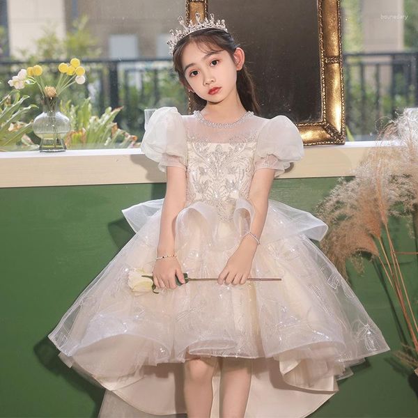 Roupa étnica infantil manga curta lantejoulas miçangas festa vestido formal aniversário meninas vestido de noiva champanhe claro