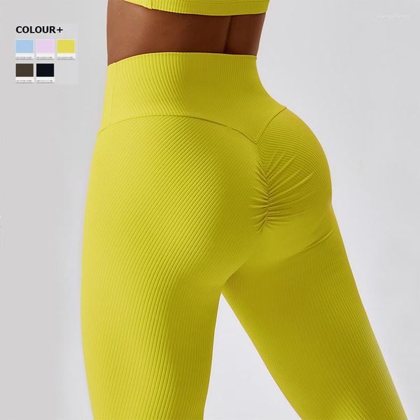 Calças esportivas femininas de cores sólidas para ioga super elásticas cintura alta quadris sensuais push up para treino de corrida roupas esportivas
