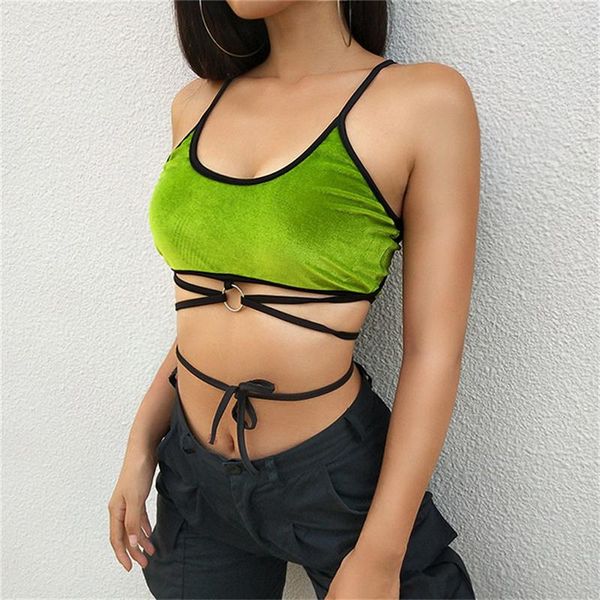 Canotte da donna Top corto femminile sexy Canottiera estiva con bretelle T-shirt corta con reggiseno solido in velluto verde