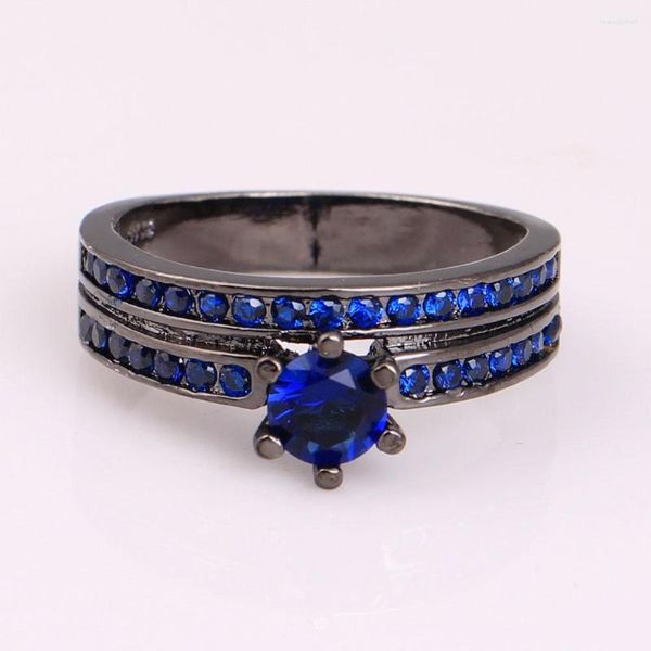 Anéis de casamento 2 pçs conjuntos de anéis preto ouro cor azul real redondo zircônia cúbica jóias de noivado para mulheres e homens
