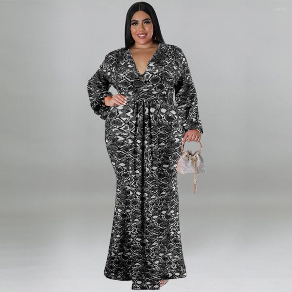 Plus Size Kleider Damenbekleidung Herbstmode Casual Langarm V-Ausschnitt Fischschwanzrock Print Meerjungfrau Kleid Damen XL-5XL Übergröße