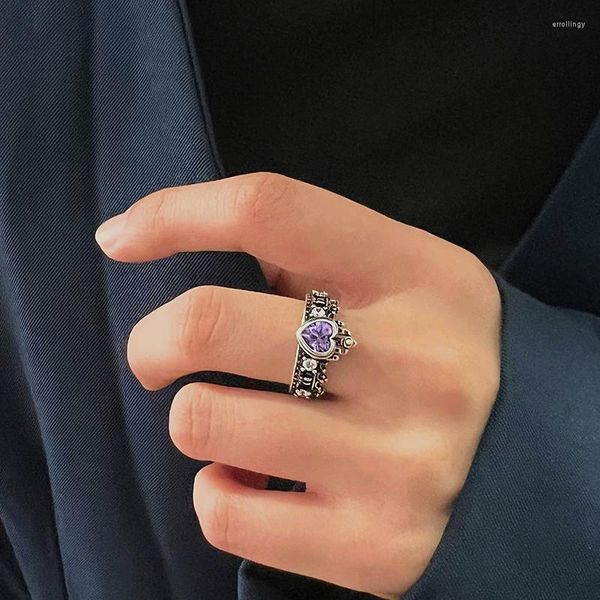 Обручальные кольца Винтажное серебряное покрытие сердца открытие короны для женщин сияет пурпурная каменная инкрустация модных украшений благородные вечеринки подарки