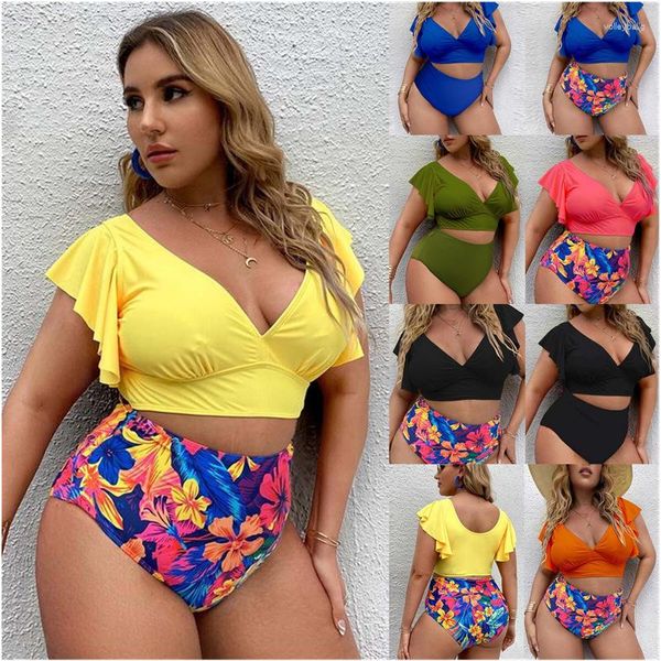 Damen-Badebekleidung, zweiteilige Bikini-Sets für Frauen, hohe Taille, Push-Up-Druck, Rüschen, Damen-Sommer-Badeanzüge, XL-4XL