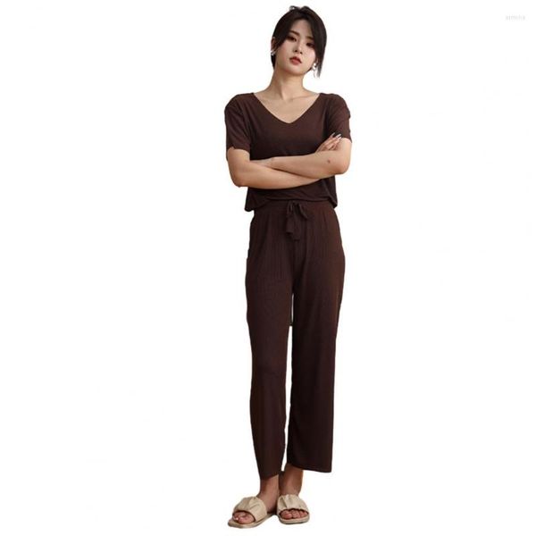 Pantaloni a due pezzi da donna Completi estivi per donna 2023 Pigiama Set scollo a V Seta di ghiaccio Manica corta Tinta unita Elastico in vita Indumenti da notte casual