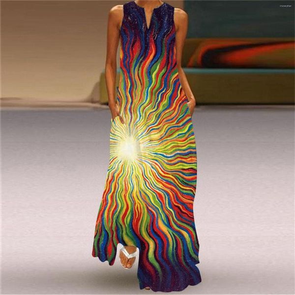 Casual Kleider Frauen Sommer Ärmelloses Drucken V-Ausschnitt Maxi Lose Kleid Boho Strand Langes Sommerkleid Mit Damen Abendgarderobe