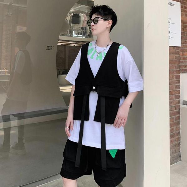 Coletes masculinos 2023 verão estilo coreano personalidade simétrico design de forma côncava colete masculino casual solto colete preto para M-XL