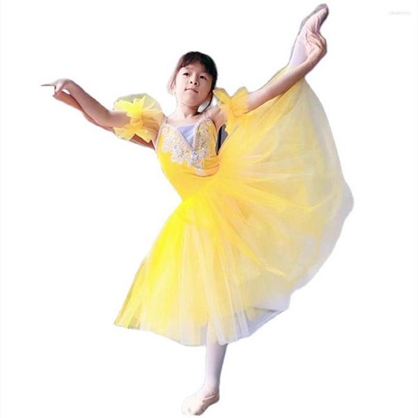 Stage Wear Tutù di balletto giallo Tutù romantico per bambini lungo in tulle rosa tenue per ragazze Abito da ballerina blu Danza