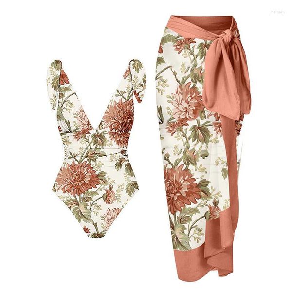 Roupas étnicas Biquínis com estampa floral retrô 2023 Moda Maiô V Profundo Uma Peça Fato de Banho Feminino Roupas de Praia Roupas de Surf Magro