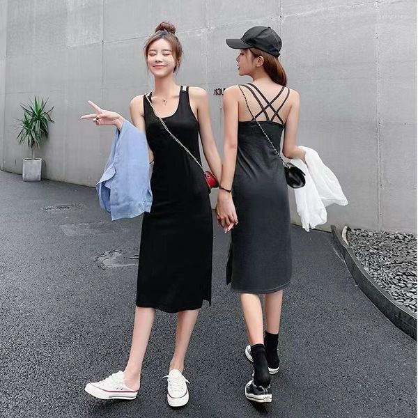 Vestidos casuais femininos Midi Tank Dress para o verão 2023 Sexy Backless Slip Black/Grey Ladies Outfits Chic A Line Style Vestidos