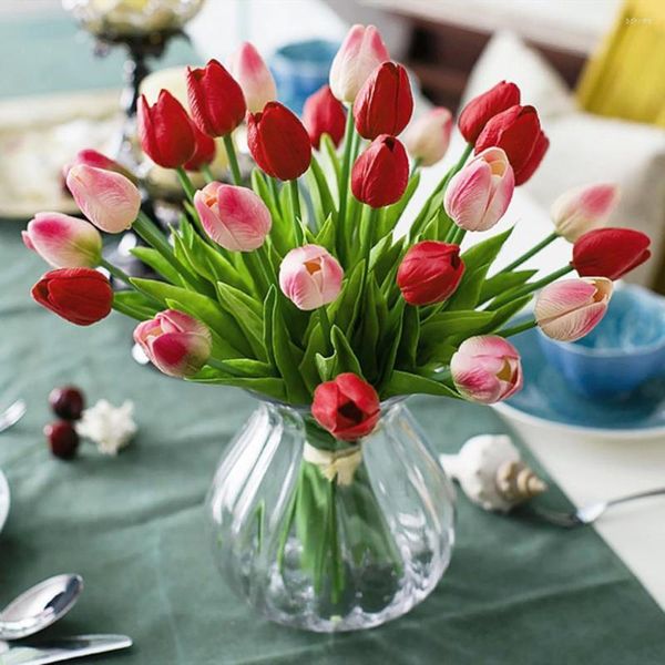 Flores decorativas 5 peças tulipa artificial decoração de casamento para casa salão de luxo silicone toque real jardim decoração vaso