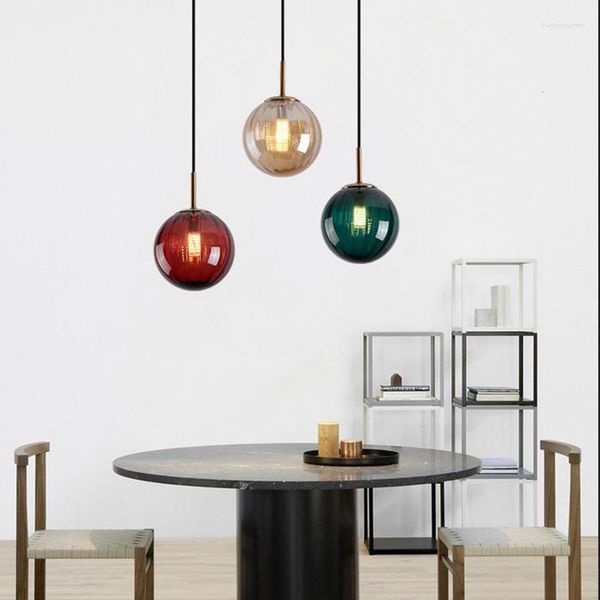 Lampade a sospensione Luci a sfera con motivi in vetro colorato Nordic Restaurant Kitchen Island Home Decor Light Fixture Comodino Lampada a sospensione