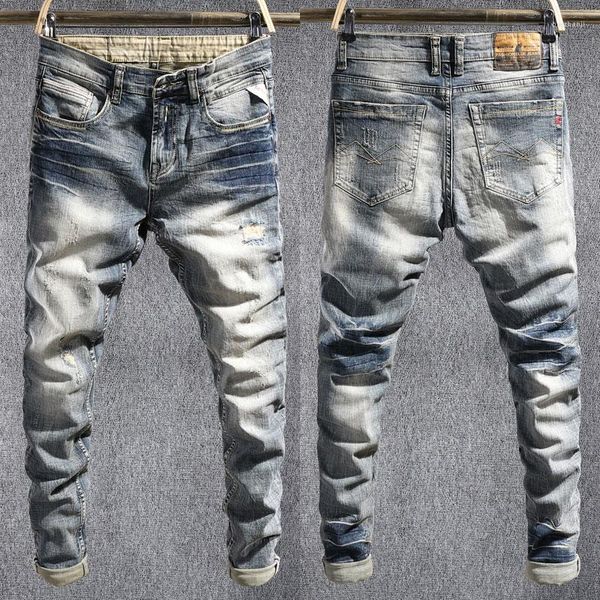 Мужские джинсы итальянский стиль мода мужски Slim Fit Retter Retro Ruped Hole Bunders Винтажные дизайнерские брюки повседневные джинсовые штаны Hombre
