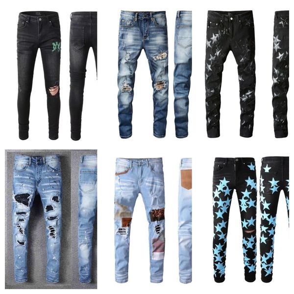 Jeans masculino jeans de grife jeans feminino homem preto azul jeans buraco quebrado estilo legal para jovens Rip Slim Fit Jean Jeans masculino calças compridas