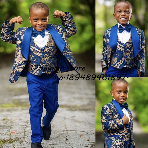 Ternos Terno para Meninos Casamento Jaqueta Floral Calças Colete Conjunto de Três Peças Padrão Dourado Blazer Moda Crianças Roupas Completas 230711