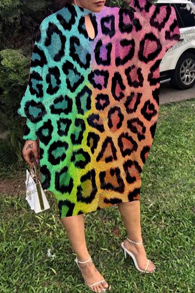 Vestidos casuais Vestido de leopardo sexy de verão, mulher de manga longa, mulher moda moda solta max max de vestido de verão de grandes dimensões