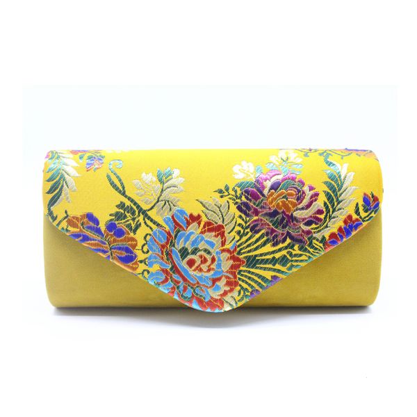 Sacos de noite Vintage Camurça Clutch Bag Casamento Bordado Flor Ombro Com Sling Bolsa Feminina Clutches Amarelo Feminino 230711