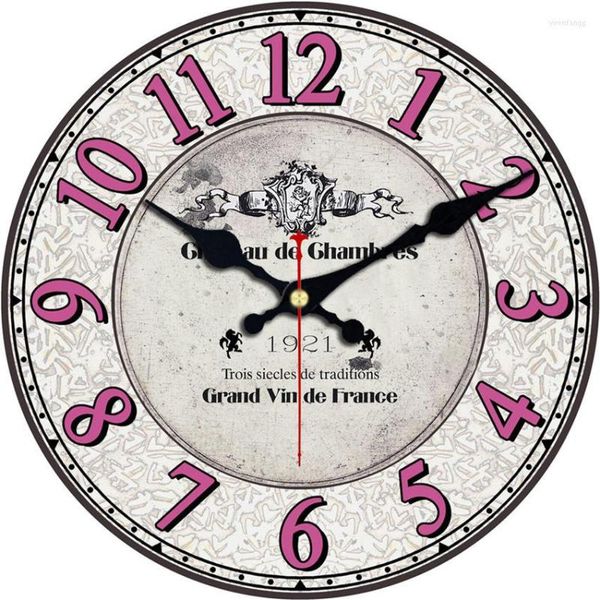 Orologi da parete Orologio in legno tondo vintage Classico Horloge Murale Art Decorazione domestica senza ticchettio Grand Vin De France