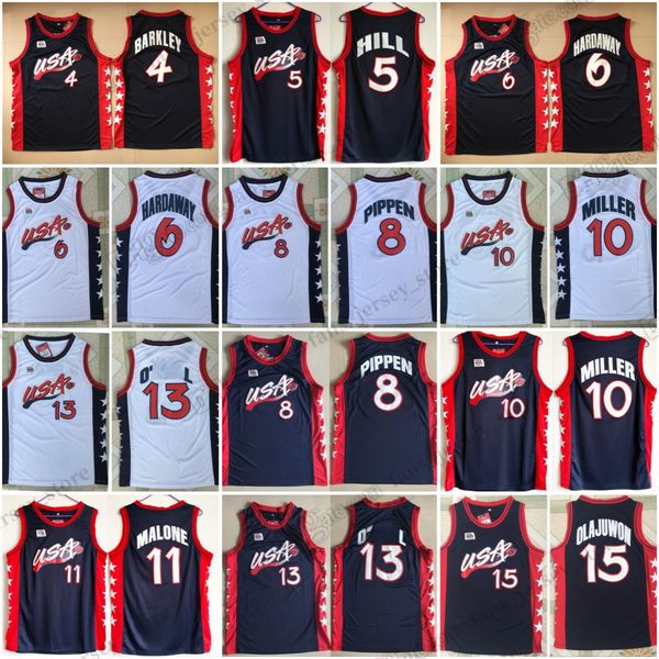 Баскетбольные майки в стиле ретро 1996 года 15 Оладжувон 4 Баркли 5 Хилл 11 Мэлоун 8 Пиппен 6 Хардуэй сшитые мужские майки XS-2XL