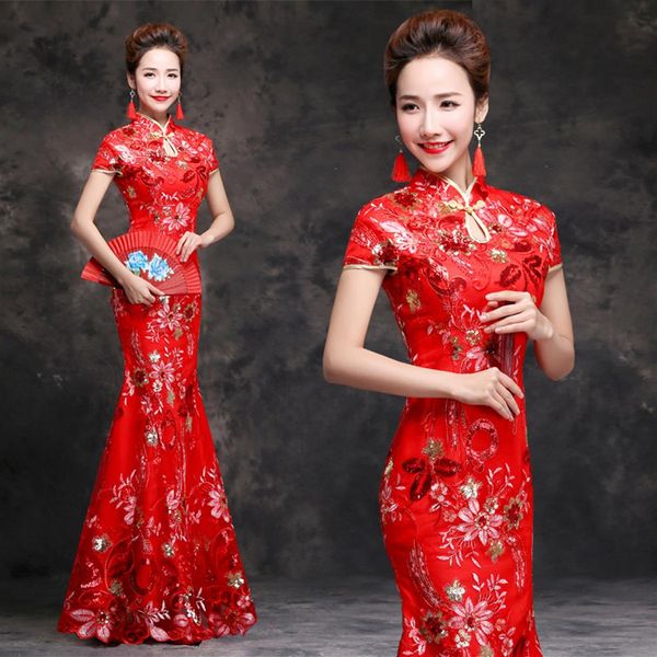 Noiva Sereia Vermelha Cheongsam Longo Tradicional Qipao Vestido de Noite Chinês Oriental Vestidos de Festa de Casamento Bordados Lantejoulas Robe188Q