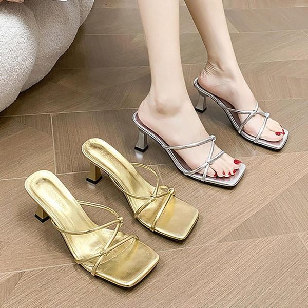 Sandalen im französischen Stil, quadratischer Zeh, offener niedriger Absatz, Gold, 2023, Sommer, sexy, elegant, Party, elegant für Damen