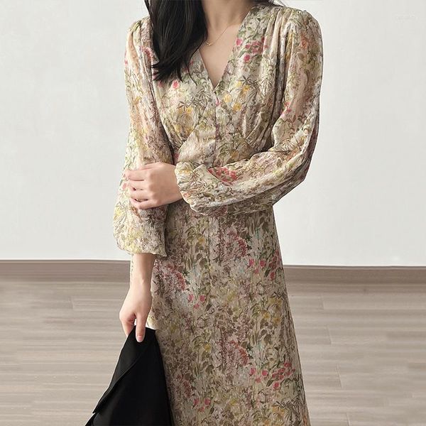 Lässige Kleider 2023 Frühling Sommer Damen Kleid Midi V-Ausschnitt Druck Blumen Damen Koreanische Mode Lange Puffärmel Schnürung Hohe Taille 80718