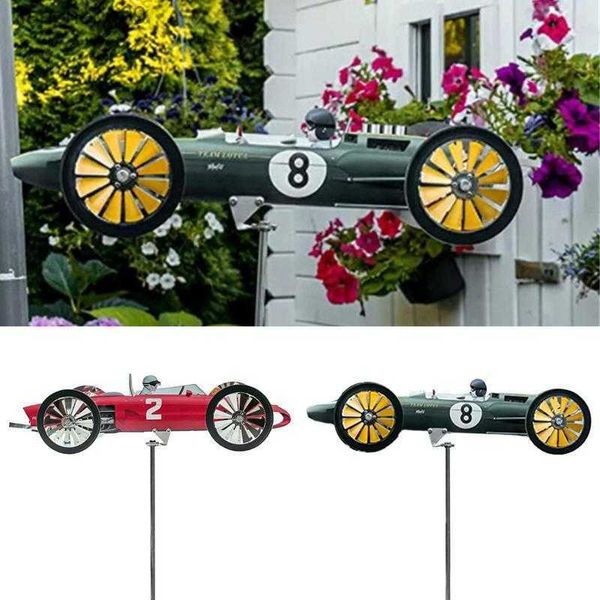 Jardim 3D Wind Spinner Metal Racer Moinho de Vento Suspensão Carro de Corrida Cata-vento Jardim Externo Gramado Telhado Decoração de Jardim L230620