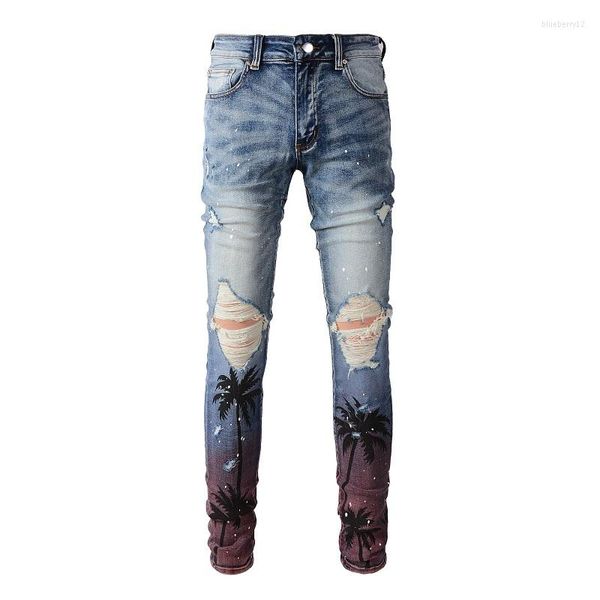 Jeans masculino Light Indigo Painted Printing Streetwear Graffiti Slim Fit Calças desgastadas Skinny Stretch Riscado Rasgado