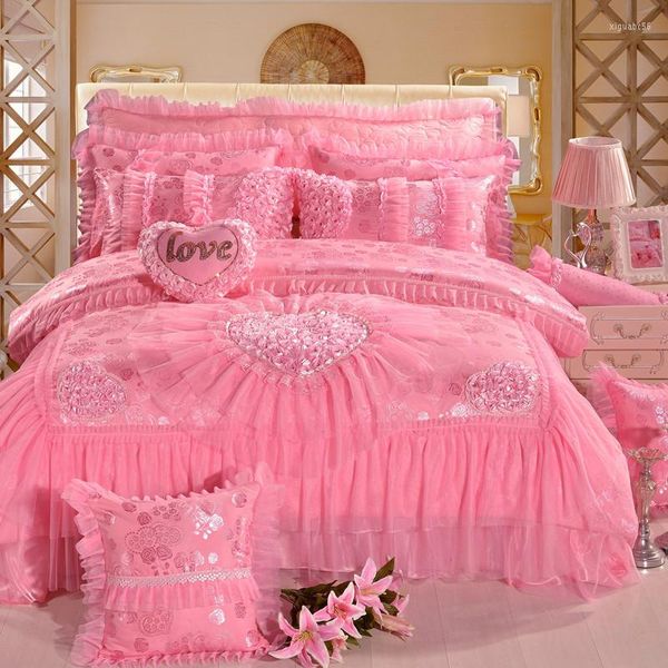 Conjuntos de cama conjunto de casamento rosa luxo jacquard cetim algodão roupas de cama estilo coreano princesa renda capa de edredom lençol fronhas