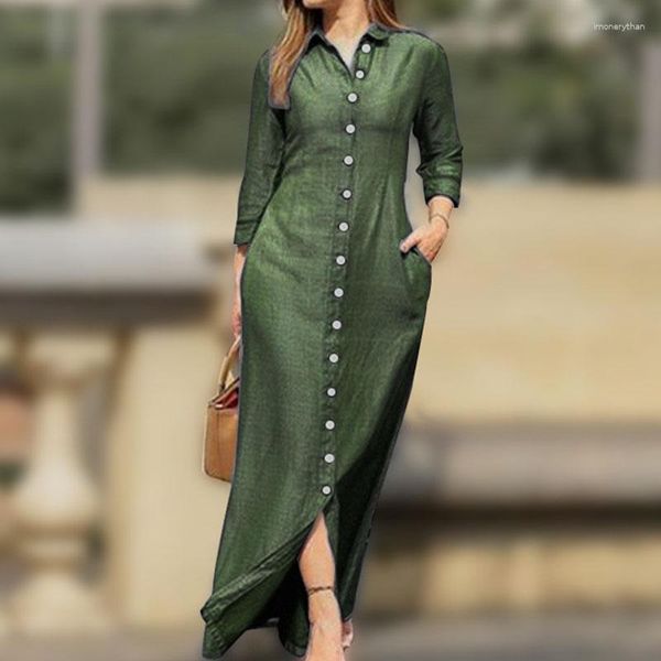 Abiti casual Donna Primavera Estate Manica lunga Solid Boho Party Dress Pocket Maxi Colletto elegante Camicie monopetto