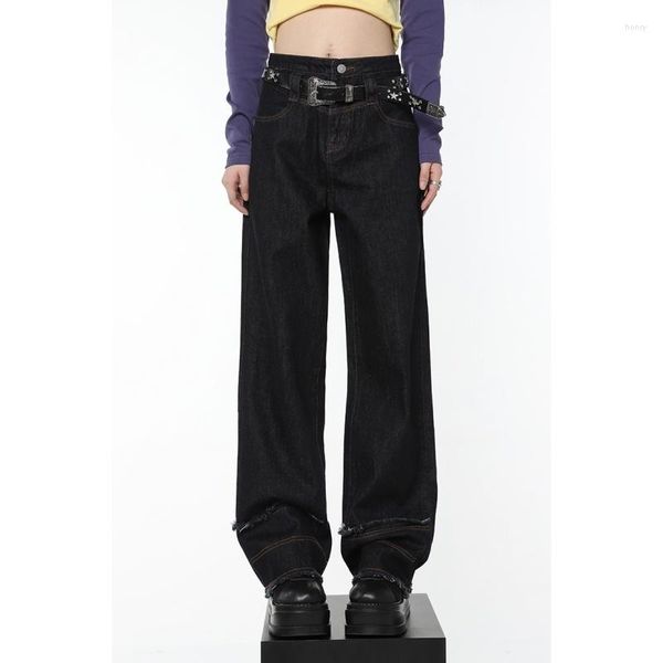 Jeans da donna 2023 Black Women Splicing Vita alta Vintage American Fashion Street Style Wide Leg Jean Borsa per pantaloni in denim femminile