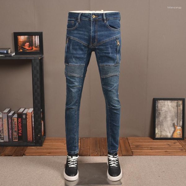 Jeans masculino moda streetwear masculino retrô azul elástico ajuste fino rasgado biker zíper unido designer hip hop jeans punk