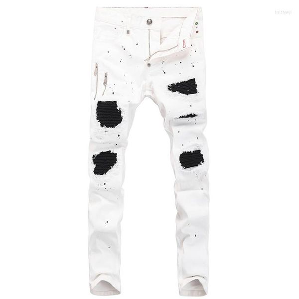 Jeans Masculino High Street Fashion Masculino Branco Slim Fit Destroyed Remendado Rasgado Pintado Designer Hip Hop Punk Calça Denim Hombre