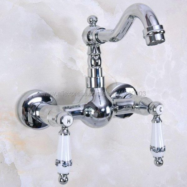 Rubinetti per lavabo da bagno Lavabo Finitura cromata Rubinetto da cucina in ottone girevole Rubinetti miscelatori a freddo a doppia maniglia a parete Kna956