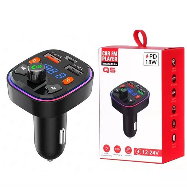 Q5 Q7 Bluetooth-FM-Transmitter mit LED-Hintergrundbeleuchtung, Auto-MP3-TF/U-Disk-Player, Freisprecheinrichtung, Adapter, Dual-USB, 3,1 A + 18 W, PD-Typ-C-Schnellladegerät