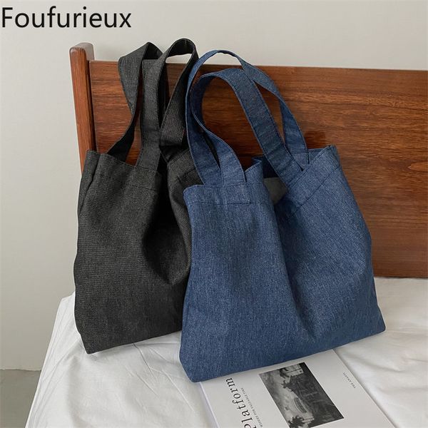 Bolsas de cintura Foufurieux Bolsa de Lona Unissex Azul Um Ombro Bolsa Casual Grande Capacidade Bolsa jeans vintage simples Lona versátil 230711