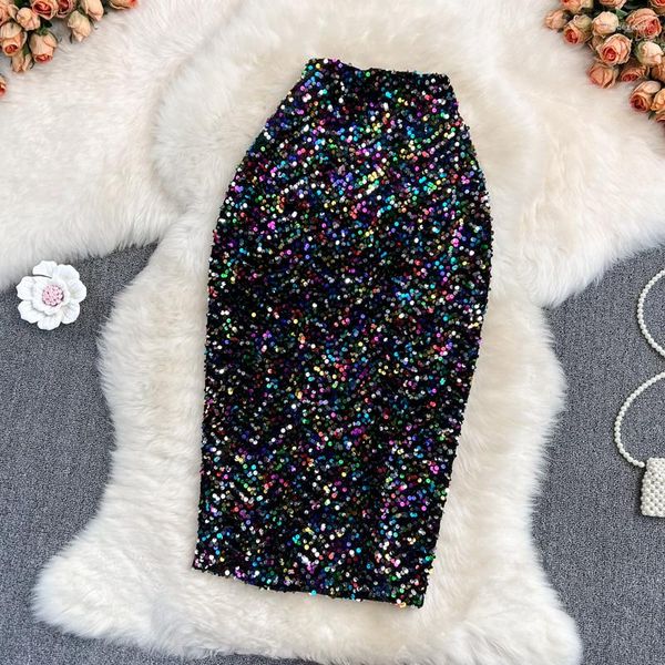 Gonne Donna Chic Gonna a ruota con paillettes Vita alta Elegante moda coreana Avvolgere l'anca Abbigliamento casual estivo