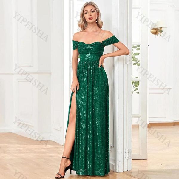 Vestidos de festa Glitter Evening Sweetheart Side Split Off The Shoulder A-Line Backless Backless Vestido de Baile Longo Vestido Verde com Lantejoulas